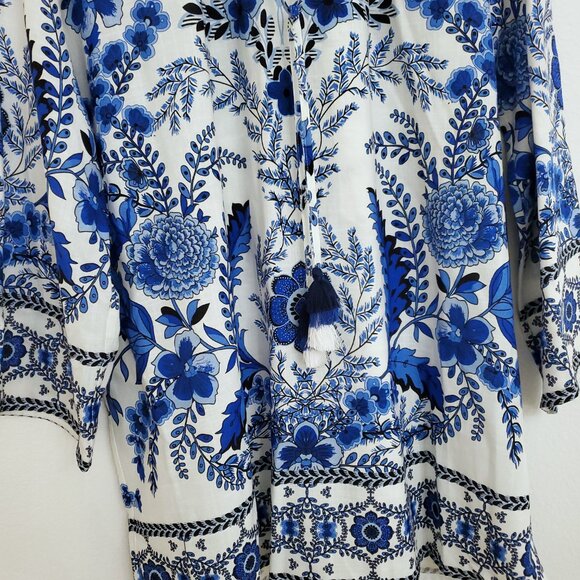 A Loves A Women's Floral Blu/White V-Neck Tassel Peasant Dress Size Large - Picture 6 of 15